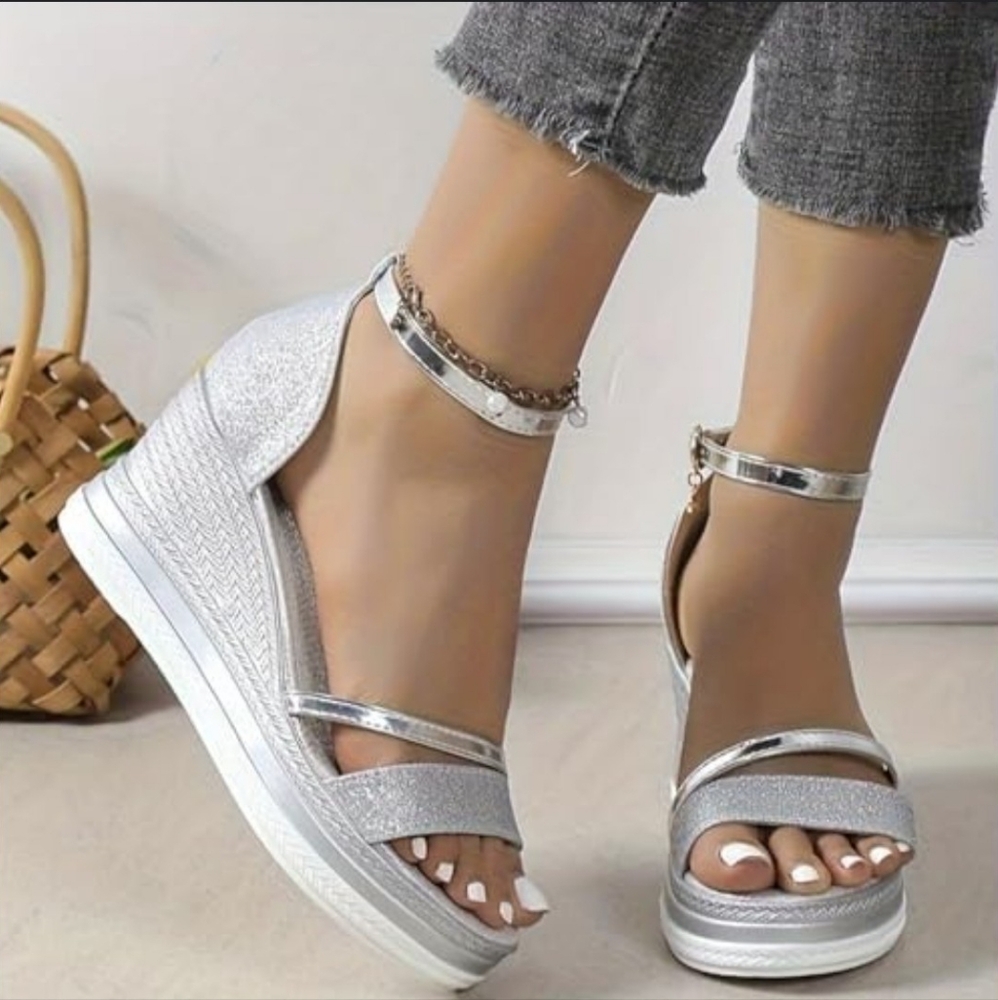 Silver Ankle Strap Women's Sandals Size 43